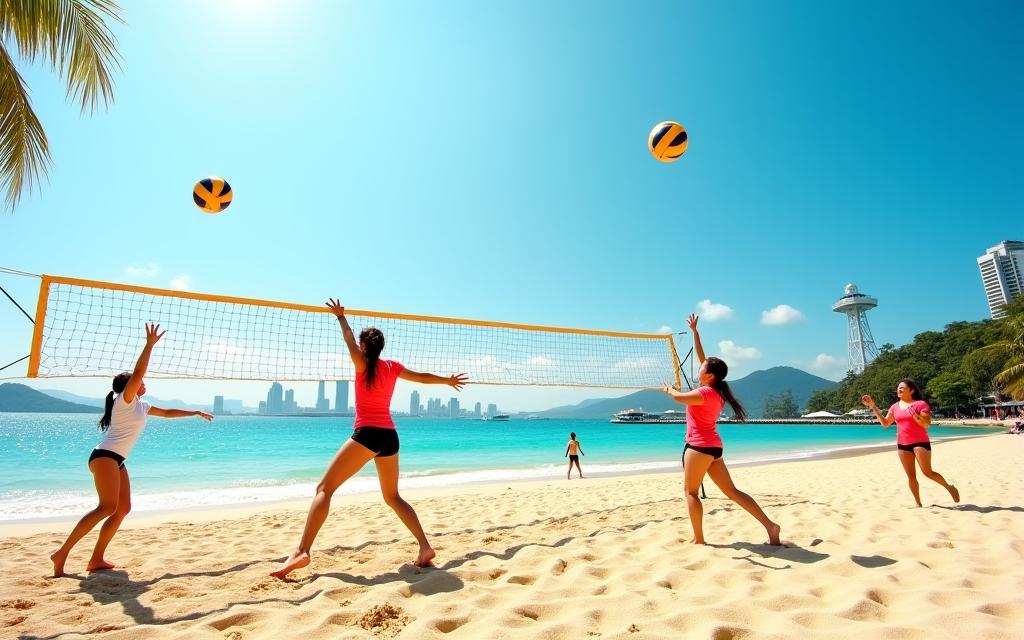 Beach volleyball players in action at Sentosa