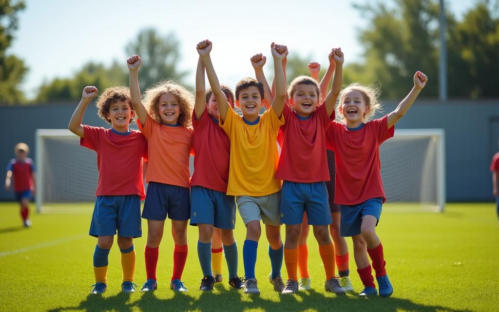 Young footballers celebrating a goal